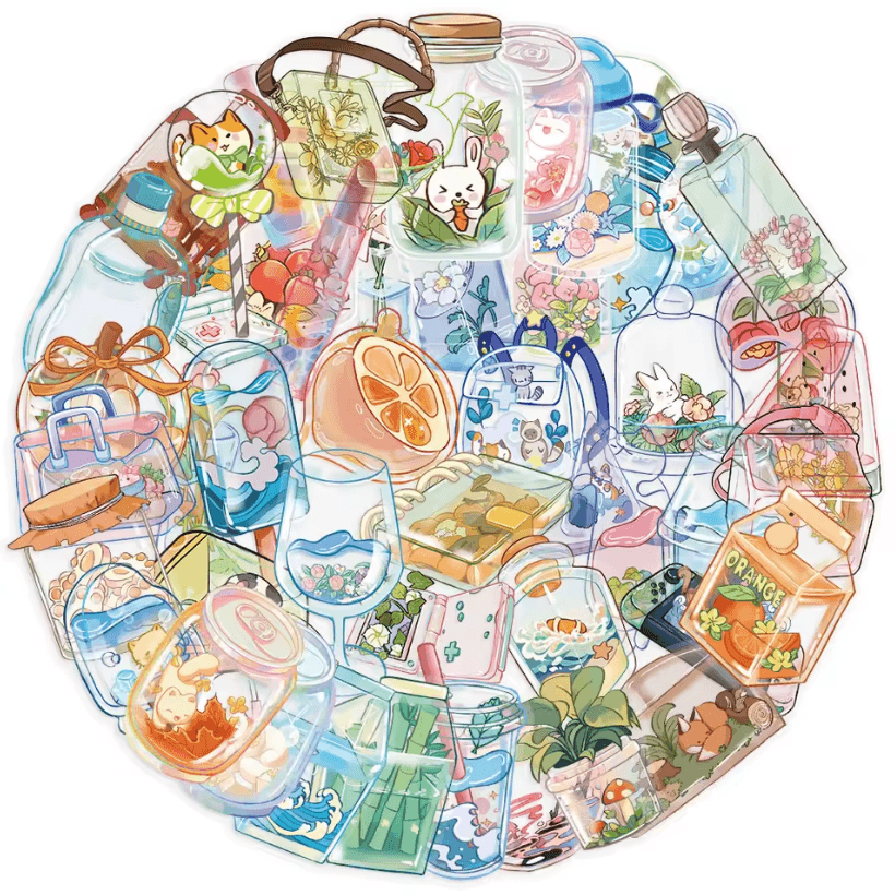 50Pcs Random Transparent Drink Stickers – Glass Water Cup Decals with Decorative PET Stickers for Scrapbooking