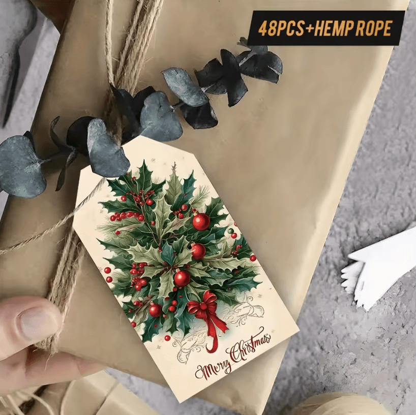 48Pcs Vintage Christmas Gift Tags (3.54 by 1.97 in) – Holiday Packaging Labels with Hemp Rope for Christmas Decoration