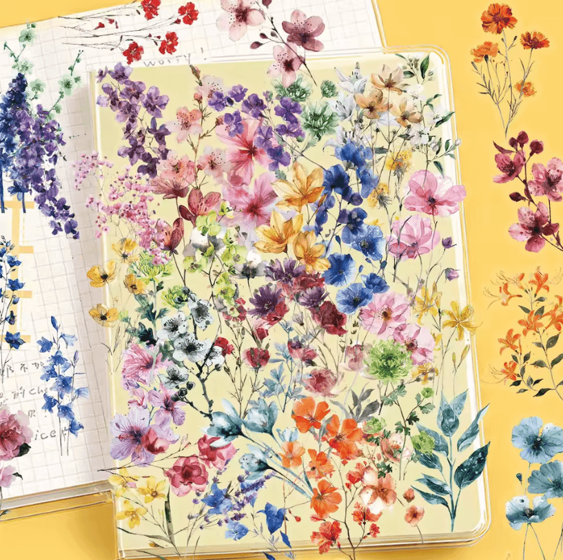 50pcs Transparent Flower Stickers Ink Floral Decorative Craft Stickers for Notebook, Guitar, Brochure and Home