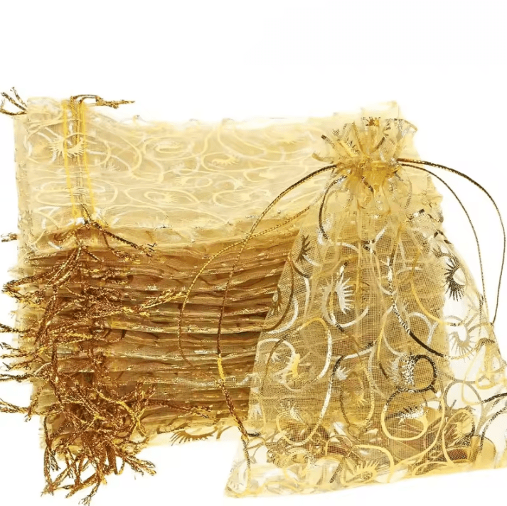 100pcs Golden Mesh Drawstring Bags Party Favor Gift Pouches for Candy, Makeup, Jewelry and Accessories