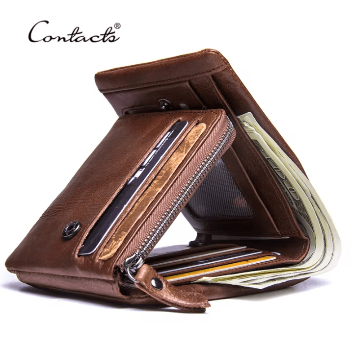 Genuine Crazy Horse Leather Mens Trifold Wallet with Zip Coi