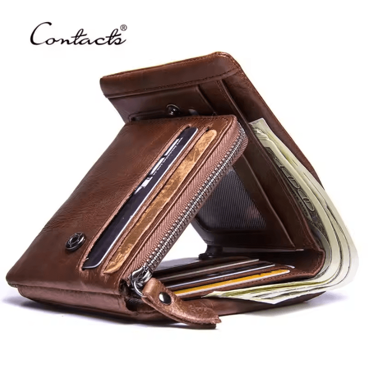 Genuine Crazy Horse Leather Mens Trifold Wallet with Zip Coin Pocket Vintage Cowhide Purse