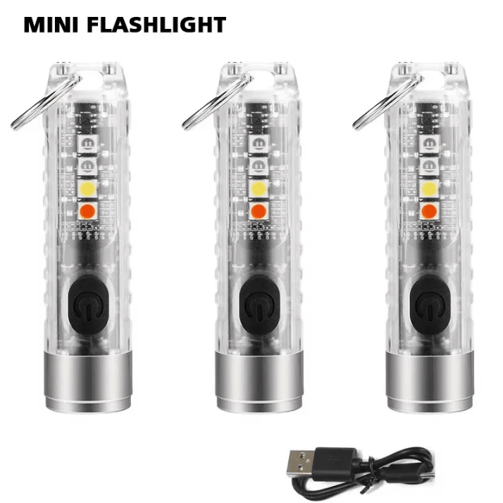 3Pcs Mini Keychain Flashlight with Type-C Fast Charging, 5000mAh Battery, Waterproof Magnet, and Warning Light