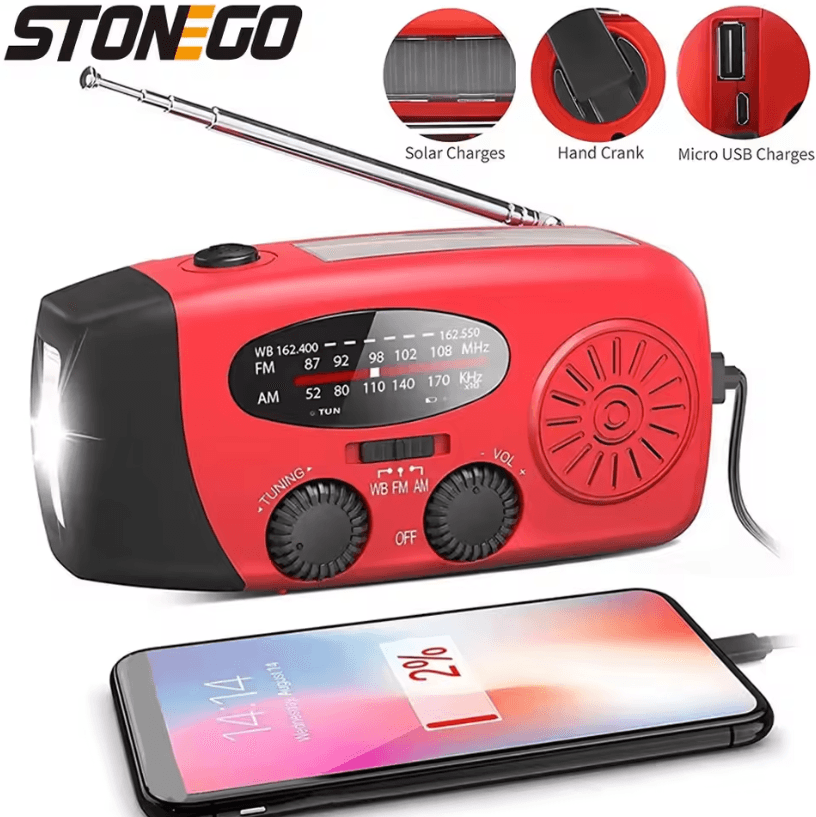 STONEGO Multifunctional Emergency Hand-Crank Generator with FM Radio, Solar Phone Charging and LED Lamp