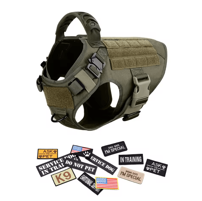Military Large Dog Harness Set - Tactical Vest with Collar, Leash, Bags and Patches