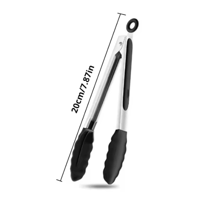 7Inches Black Silicone Food Tongs with Stainless Steel Body – BBQ Grilling Tongs for Camping and Outdoor Cooking