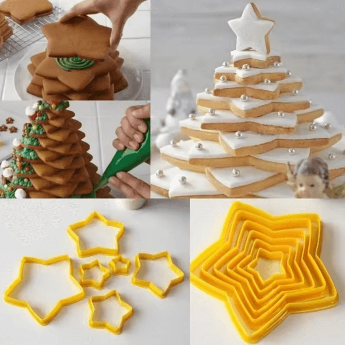 6-Piece 3D DIY Christmas Cookie Cutter Set – Pentagram Tree Cake Cutter Mold Baking Tools