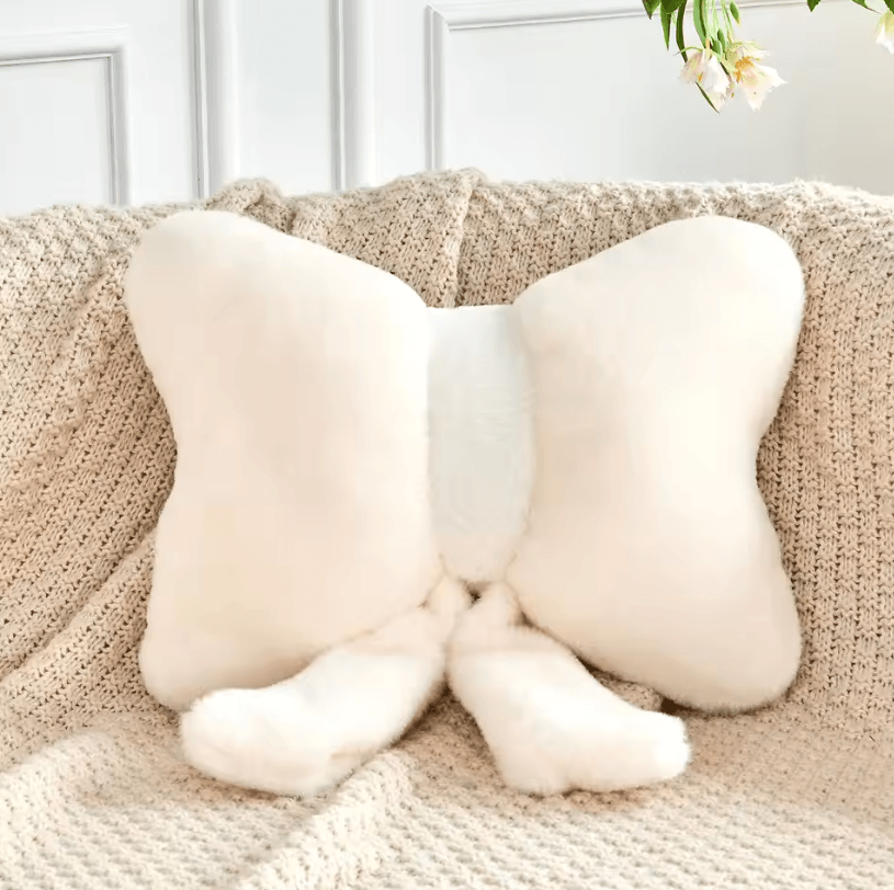 DustyBow Plush Decorative Bow Pillow – Soft Faux Rabbit Fur 12" Throw Cushion for Aesthetic Home Decor