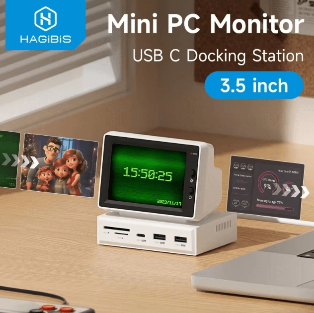 Hagibis 3.5In USB-C Mini IPS Monitor & Hub - Portable Sub Screen with AIDA64 PC Data Display & Multi-Port USB-C Adapter