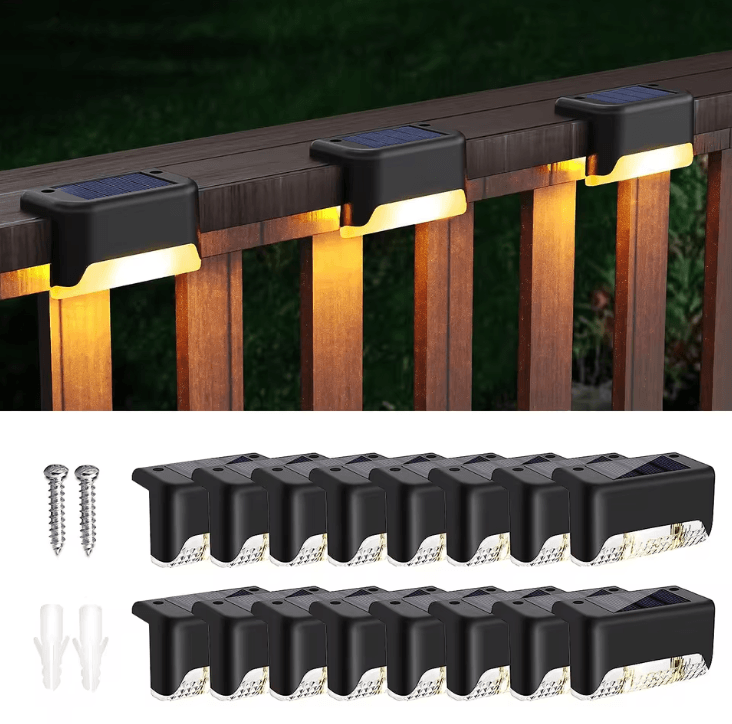 16-Pack Outdoor Solar Deck Lights Warm White LED 11–15W for Stairs Steps Fences Yards Patios Pathway