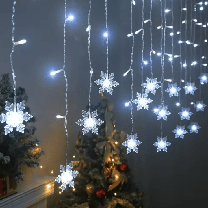 Solar Powered Snowflakes Curtain Lights 96 LED Waterproof for Christmas Wedding and Party Decoration