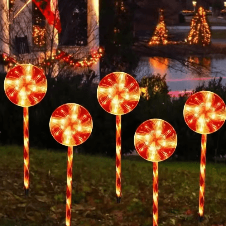 Solar 5-Pack Candy Cane Christmas Pathway Lights - Waterproof Outdoor Holiday Stakes