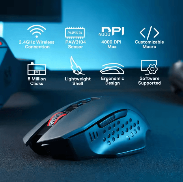 Redragon M656 Gainer Wireless Gaming Mouse 4000 DPI 2.4Ghz with 7 Macro Buttons and Red Backlight