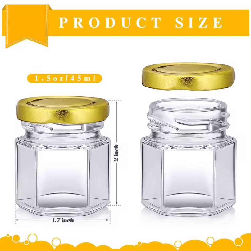 1.5oz Mini Hexagon Glass Jars with Lids – Bulk Honey Favor Jars for Wedding, Candy, Spice & DIY Gifts