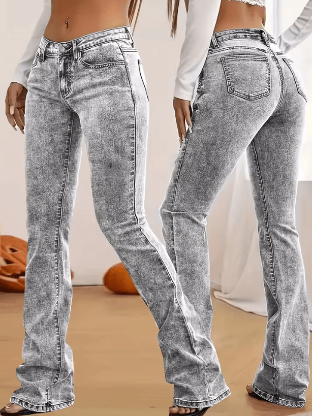 Fashion Women's Gray Low-Rise Slim Fit Bootcut Jeans, Y2K Style, Snow Wash, Streetwear Elegant Denim Pants