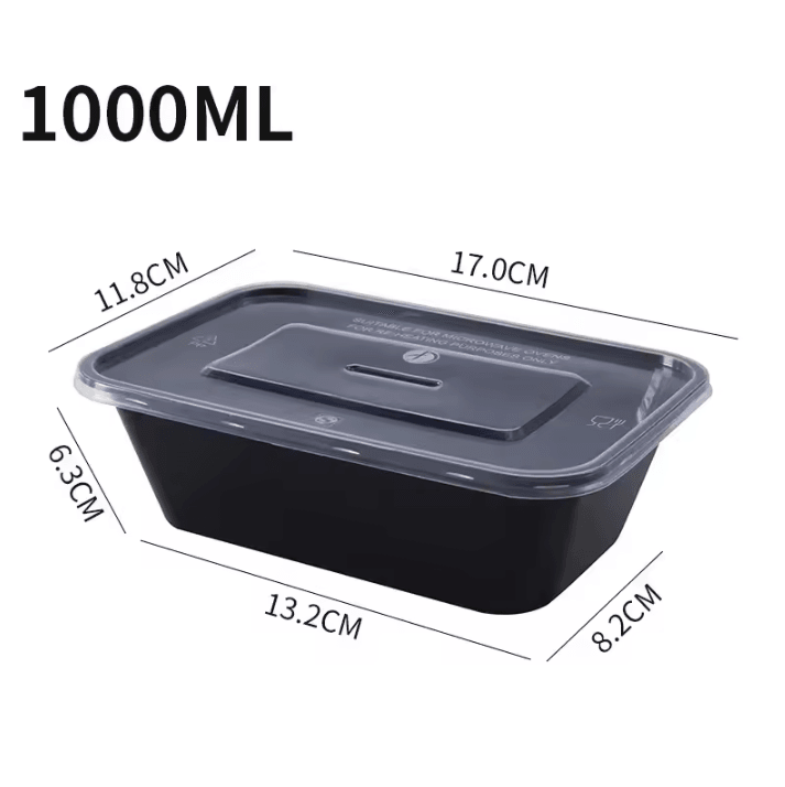 1000ml Disposable Takeaway Lunch Box – Microwave-Safe Black Plastic Food Container for Meal Prep & Food Packaging