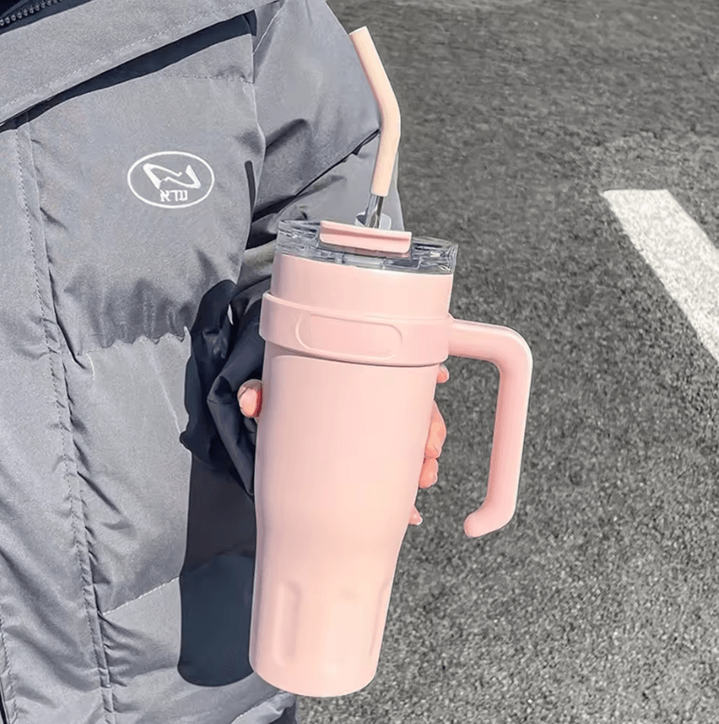 38oz Stainless Steel Insulated Tumbler with Handle & Straw – Large Capacity Vacuum Travel Cup