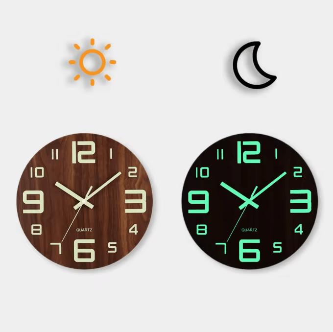 12-Inch Luminous Wooden Wall Clock โ Silent Nordic Glow-in-the-Dark Minimalist Wall Clock with Night Light