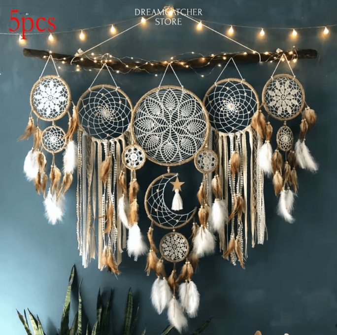 5-Piece Moon Dream Catcher Wall Decor Set - Boho Macrame Hanging with Sun & Moon Design for Bedroom
