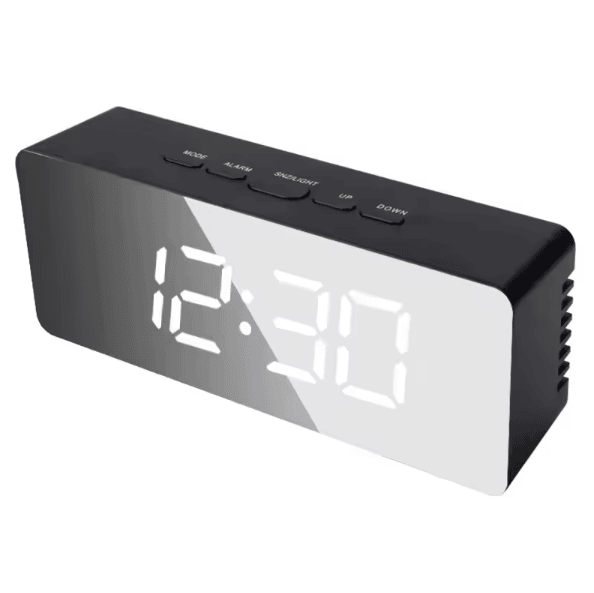 White LED Mirror Digital Alarm Clock with Snooze – USB Powered Modern Desk Clock with Night Mode