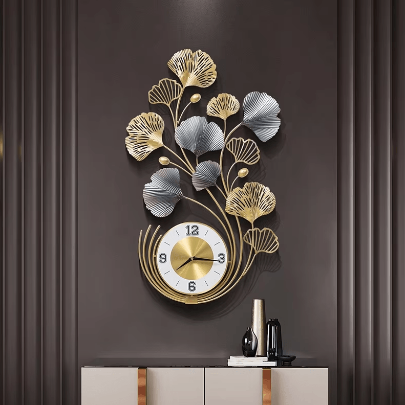 LuxeLeaf Ginkgo Biloba Metal Wall Clock Art Large Silent Decor for Living Room & Modern Home Spaces