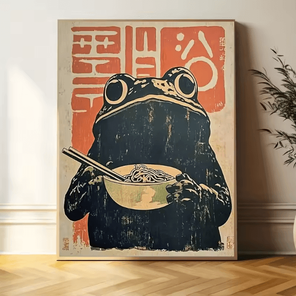 Retro Japanese Frog Ramen Canvas Wall Art – Frameless Art Deco Print for Unique Home Decor