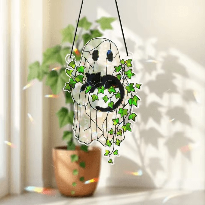 Cute Halloween Ghost Hanging Decor Window Ornament Acrylic Suncatcher with Black Cat & Green Leaf Wall Pendant for Home