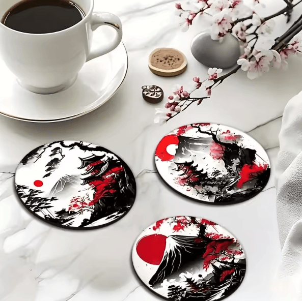 6-Piece Wooden Japanese Landscape Coaster Set – Non-Slip Heatproof Drink Coasters for Home & Office
