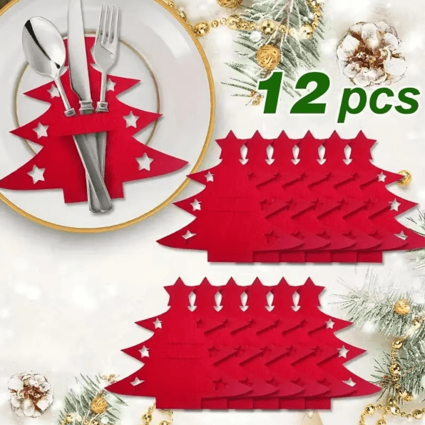 12PCS Christmas Tree Felt Placemats & Cutlery Holder Set – Festive Table Decor