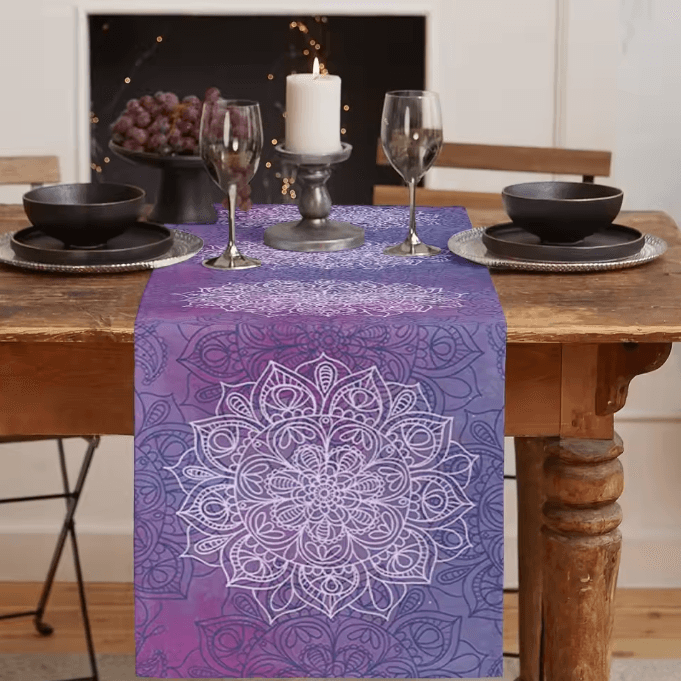 Bohemian Mandala Floral Linen Table Runner – Vintage Farmhouse Dining Decor