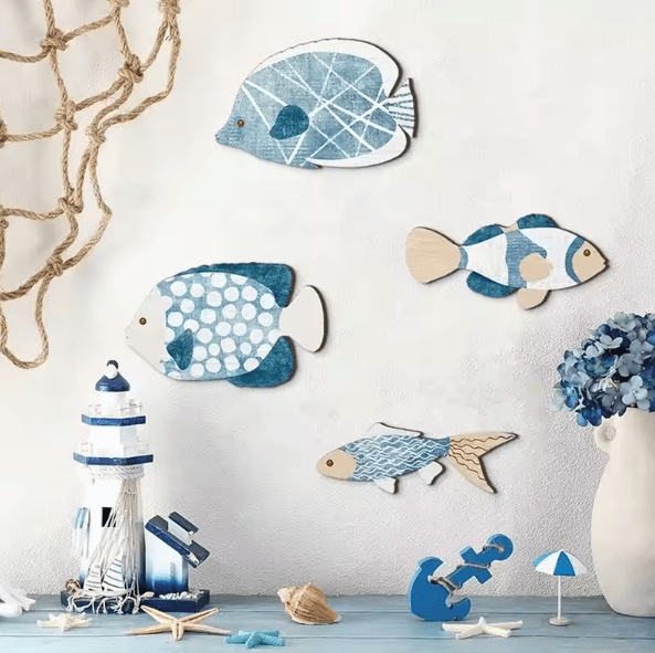 Coastal Wooden Fish Wall Decor Set – 4PCS Nautical Beach Han | Inspire ...