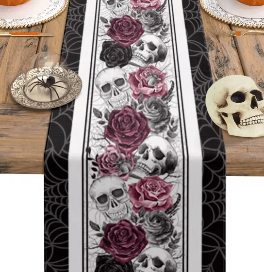 Halloween Skull Rose Gothic Linen Table Runner – Spooky Party Decor