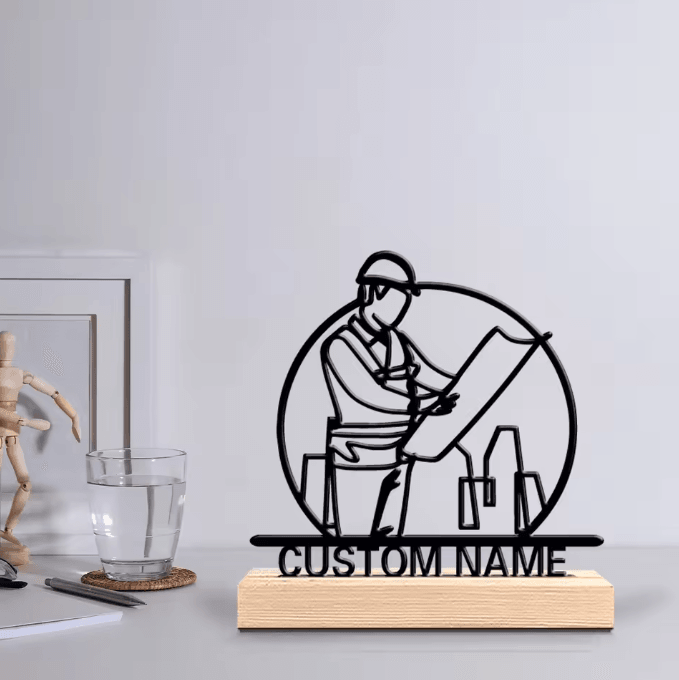 Custom Metal Architect Sculpture – Personalized Desk Decor with Wooden Base for Office & Home