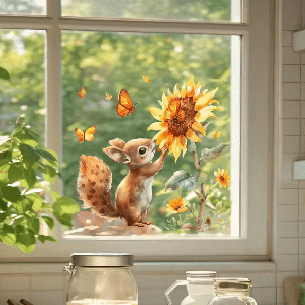 Watercolor Squirrel & Sunflower Wall Sticker – Rustic Animal Window Vinyl Decal for Home Decor