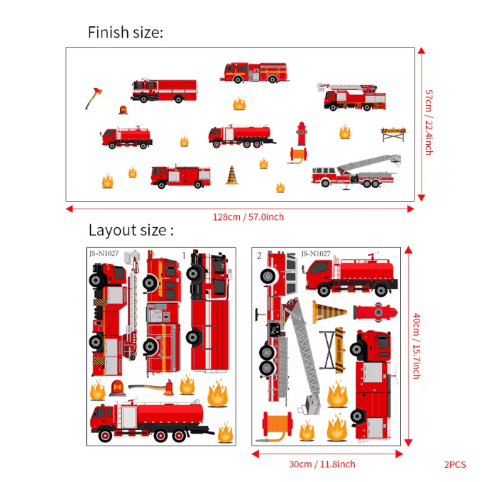 Cartoon Fire Truck Wall Decor Stickers for Kids Bedroom Nursery and Playroom