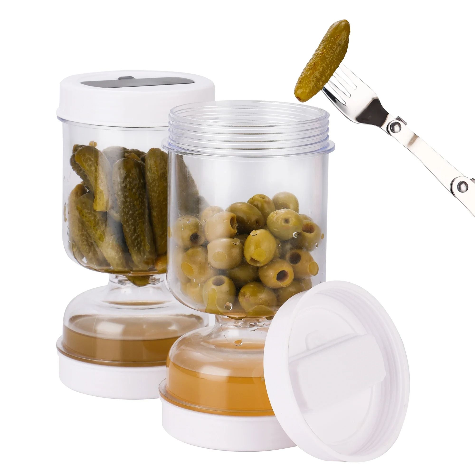 Flip Pickle Jar with Built In Strainer and Fork for Easy Food Storage