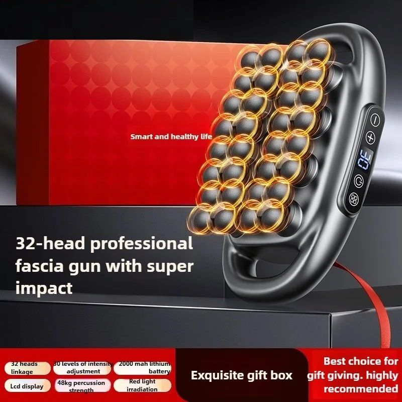 Professional Deep Tissue Percussion Massager with 32 Interchangeable Heads and Red Light Therapy