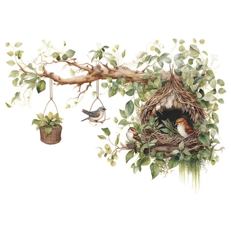 Lovely Birds on Tree Branch Wall Sticker with Nest – Self-Adhesive Removable Vinyl Wall Decal