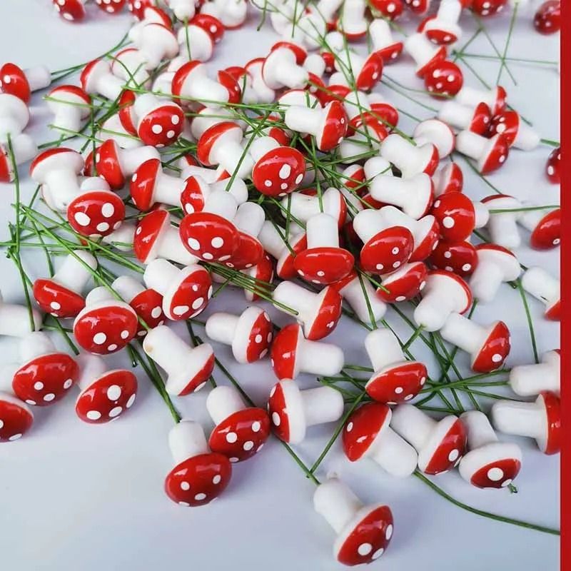 Red Dotted Mini Mushroom Garden Ornaments – 50 or 100 Piece DIY Miniature Fairy Garden and Bonsai Decor