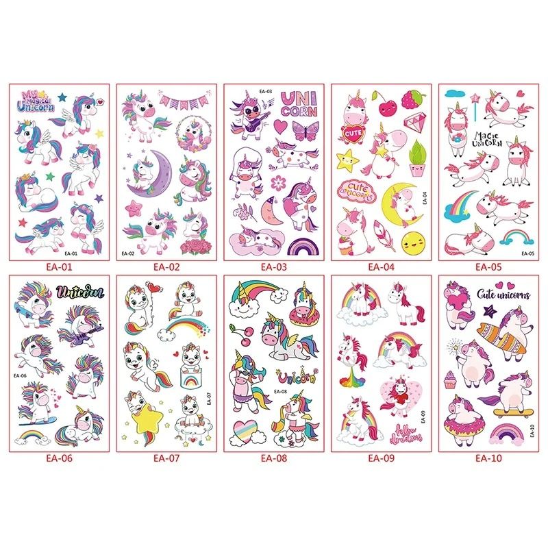 Unicorn Temporary Tattoo Stickers (10 Sheets) – Waterproof Cartoon Fake Tattoos for Kids' Birthday & Baby Shower