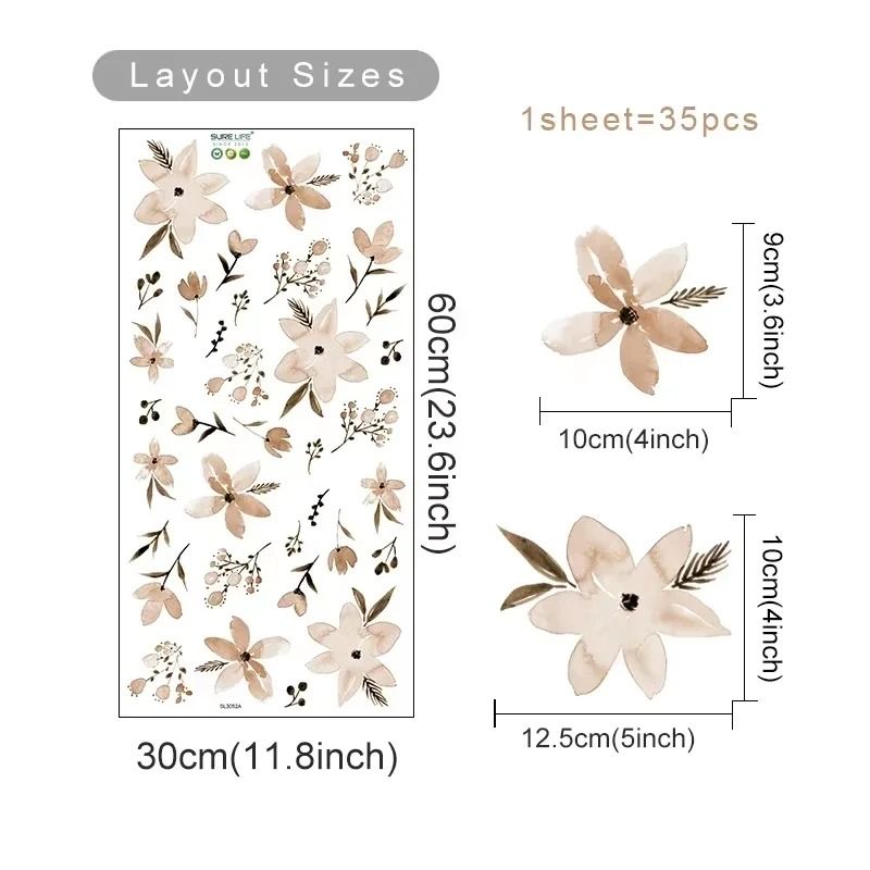 Boho Style Watercolor Flowers and Leaves Wall Stickers Nursery Vinyl Wall Art Decals for Living Room Bedroom and Kids Ro