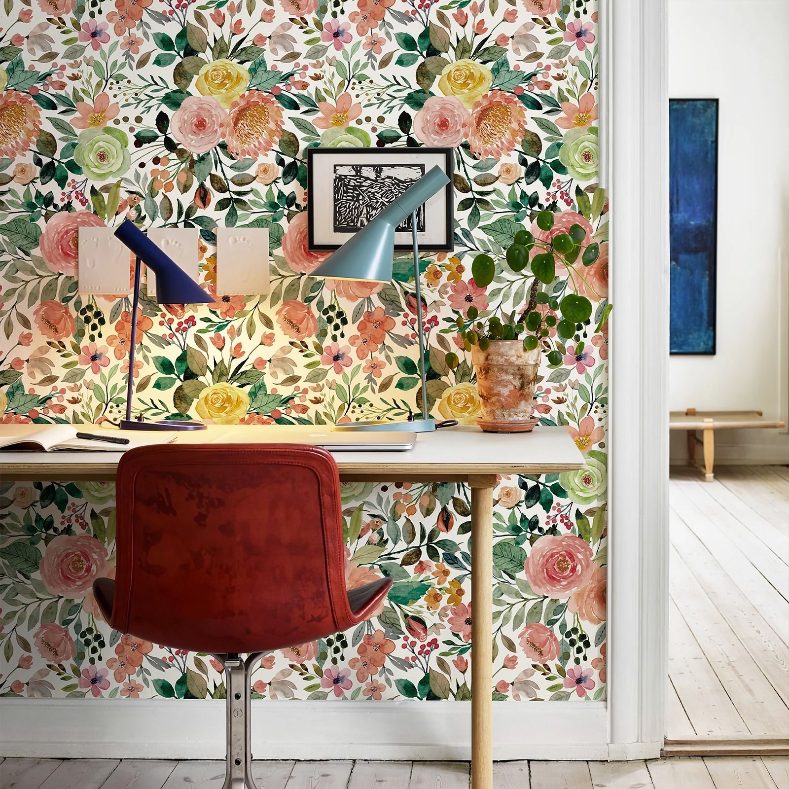 Pink Floral Classic Green Leaves Watercolor Peel Stick Wallpaper
