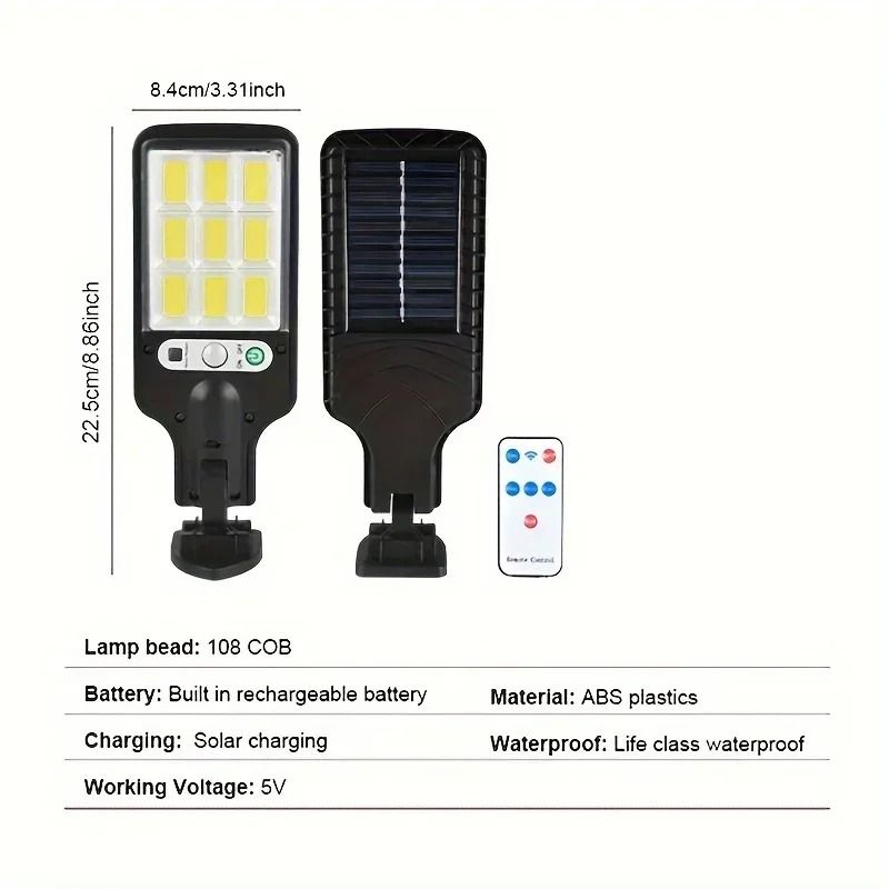 Outdoor 108 COB Solar Motion Sensor Security Wall Light with 3 Modes and IP65 Waterproofing for Garden, Yard, and Patio