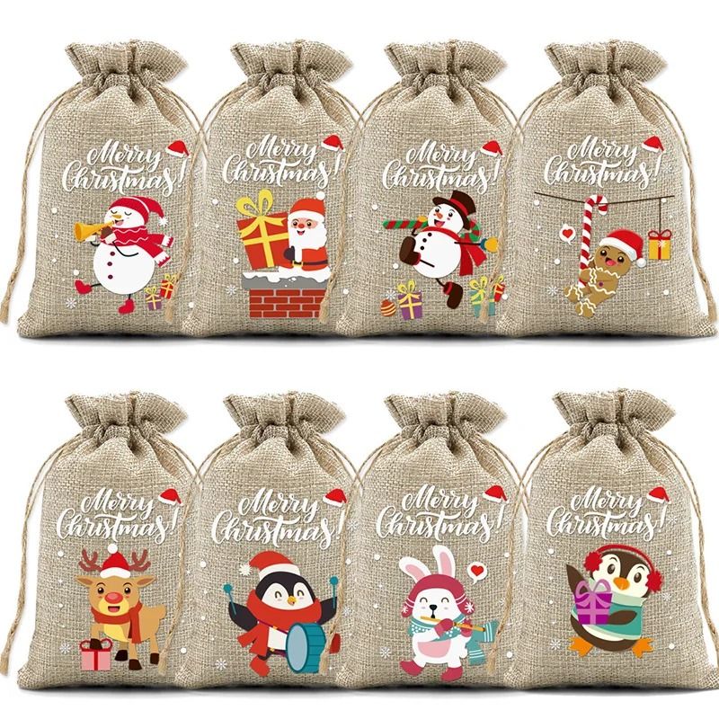Christmas Burlap Drawstring Candy Bag Santa Gift Sack Holiday Party Favor Pouch
