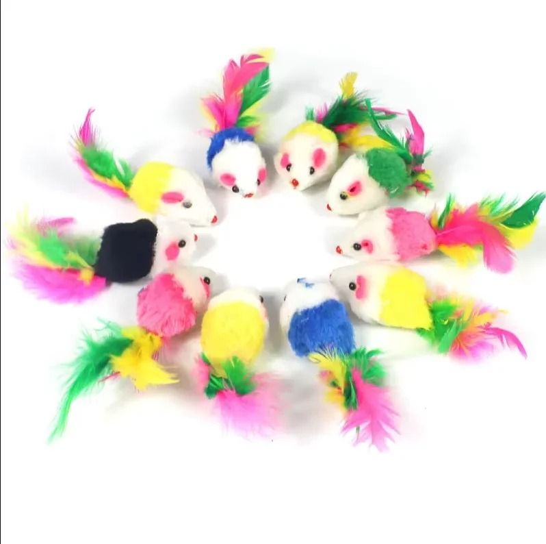 Plush Cat Toys Fake Rabbit Fur Feather Mouse Teaser Set for Indoor Kittens