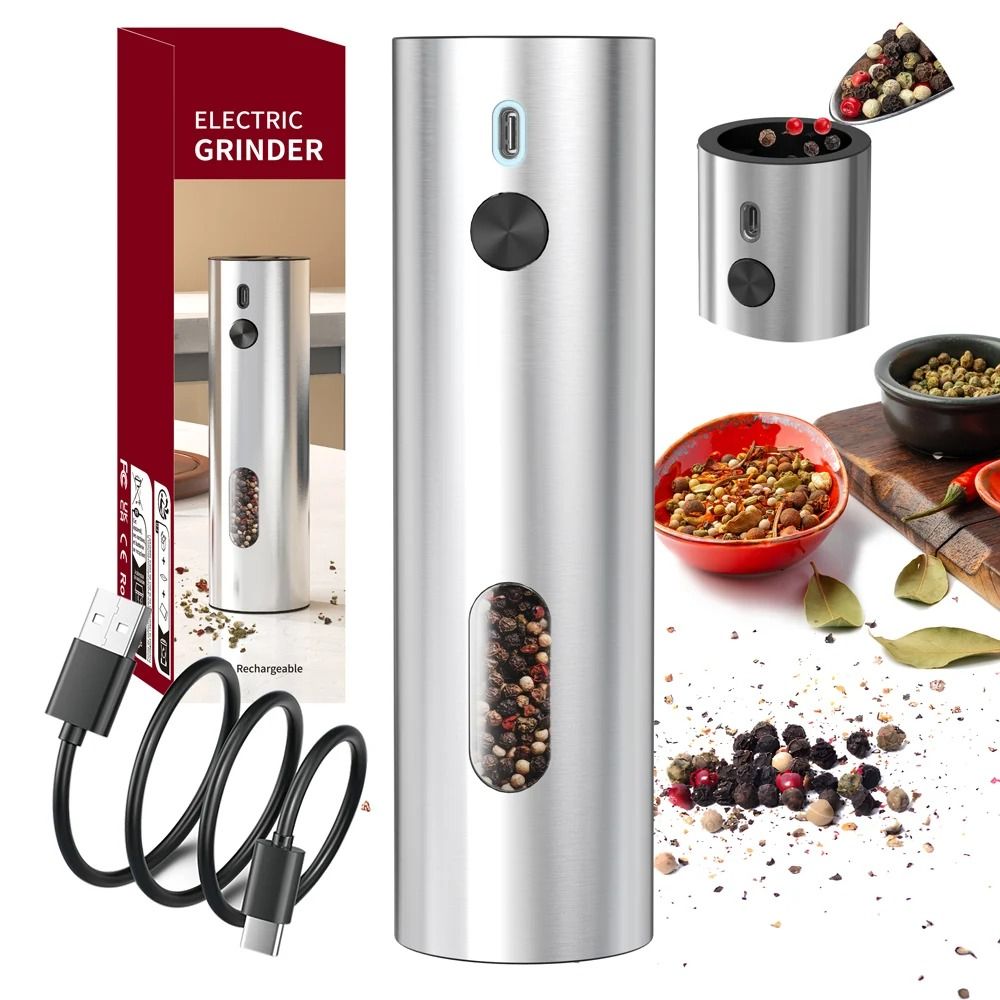 Automatic Electric Salt and Pepper Mill USB Rechargeable Spice Grinder with LED Light and Adjustable Coarseness