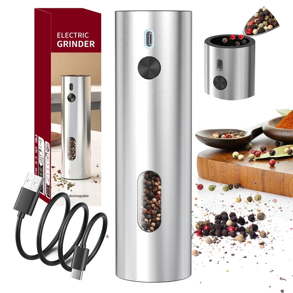 Automatic Electric Salt and Pepper Grinder USB Rechargeable Spice Mill with LED Light