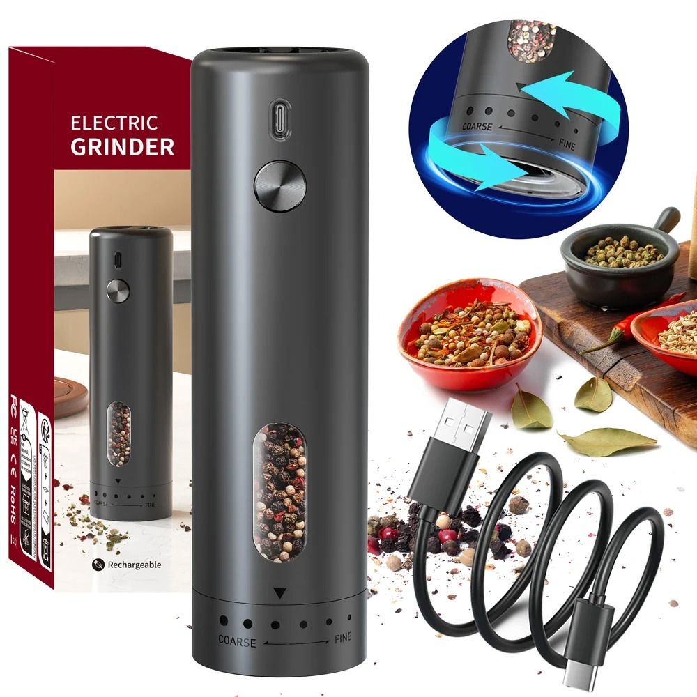 USB Rechargeable Automatic Pepper and Salt Grinder Set with LED Light and Adjustable Coarseness