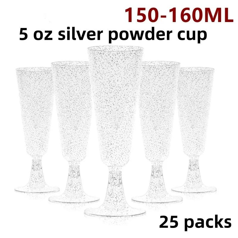 Disposable Plastic Champagne Glasses and Cocktail Stemware with Gold Glitter for Parties and Bars