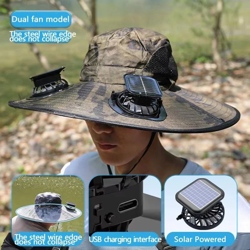 Solar Fan Outdoor Fisherman Hat for Camping Fishing Hiking with Portable Solar Charging